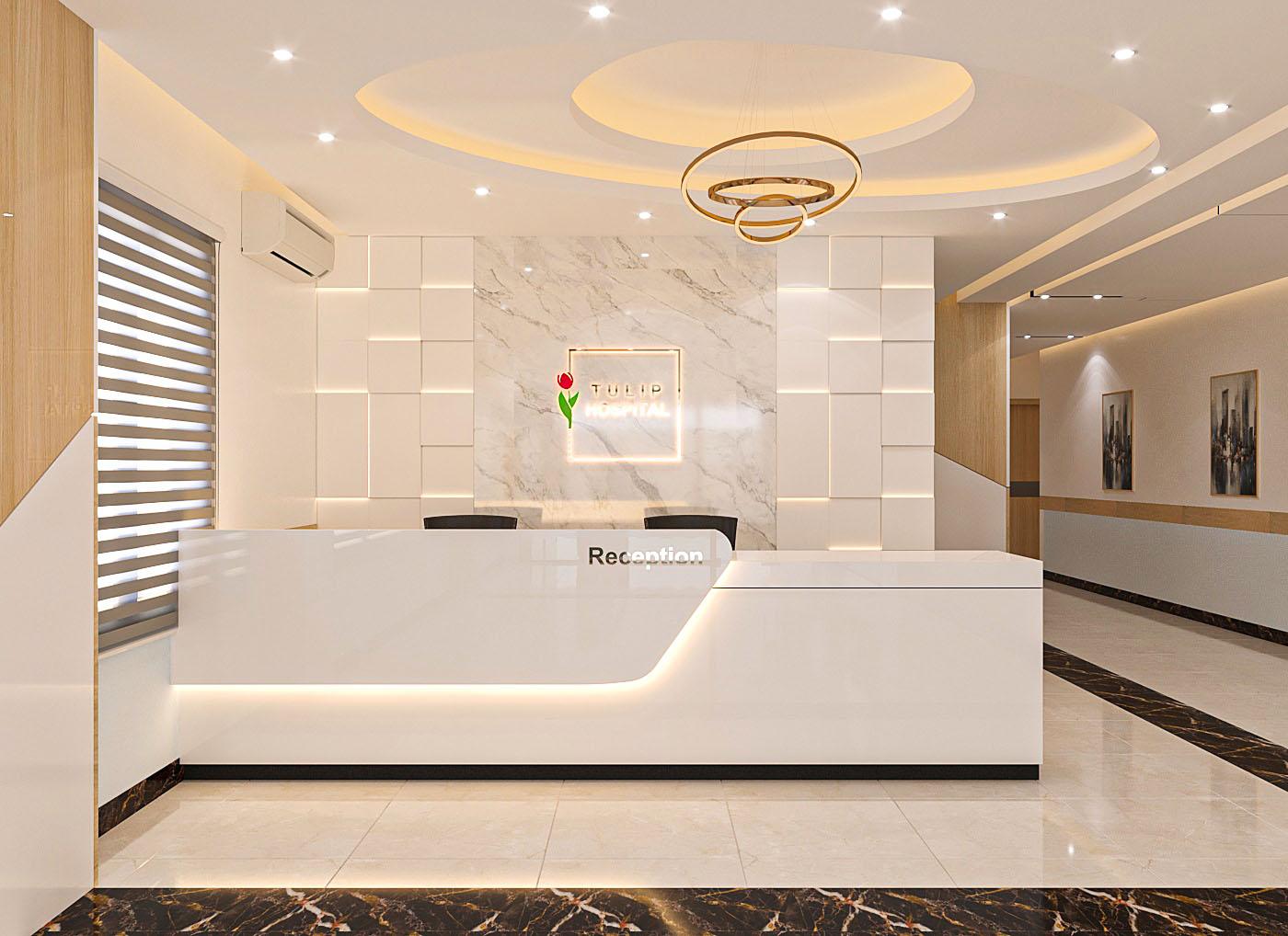 Modern hospital reception interior with accessible registration desk and comfortable waiting area