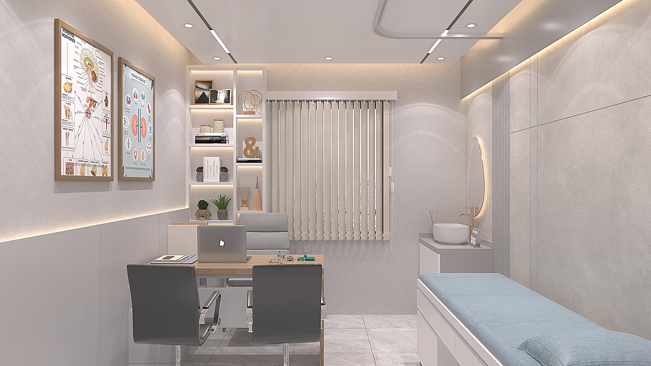 Modern medical consultation room interior design with patient seating and examination furniture