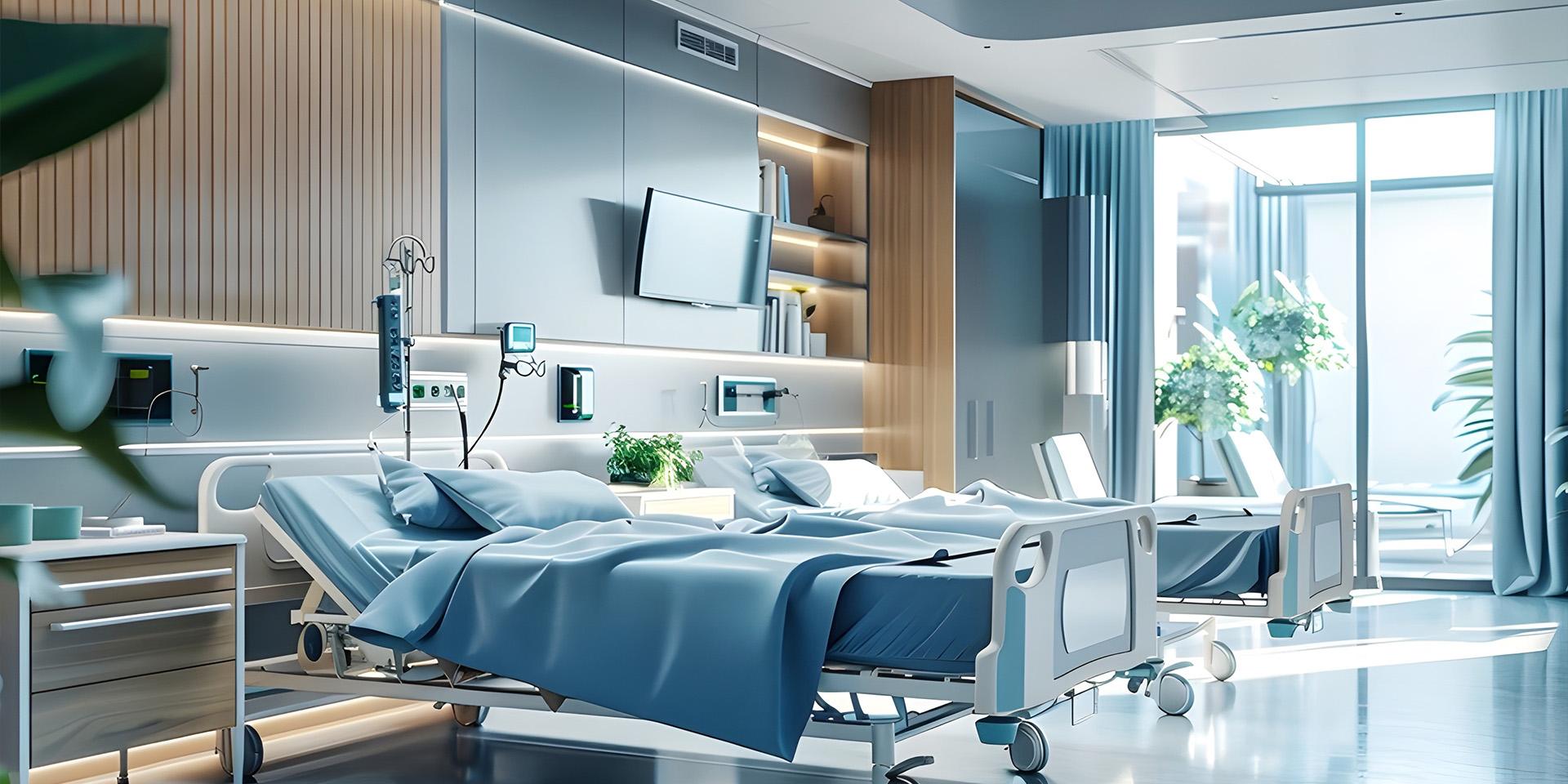 Modern hospital patient room interior with comfortable furniture and functional bedside space
